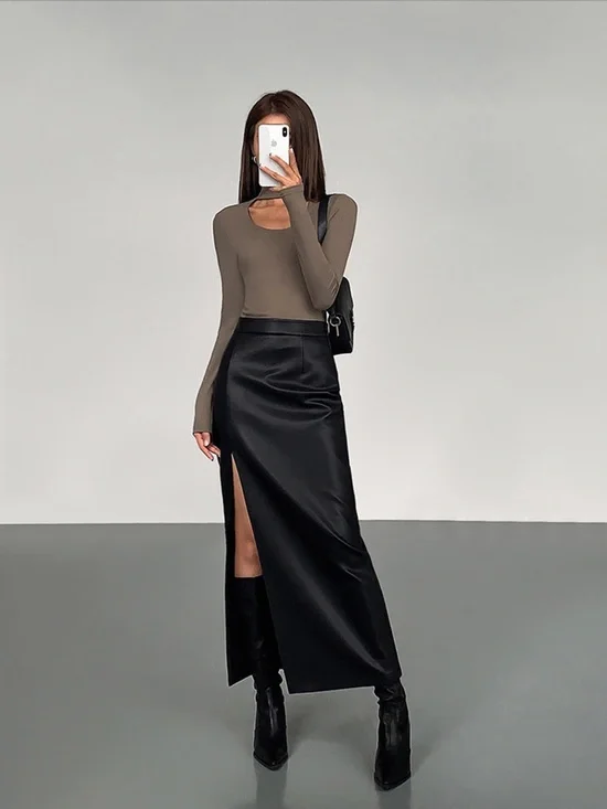 Commense Side Split PU Leather Midi Skirt - Picture 1 of 8